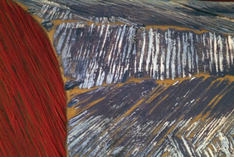 Close-up detail of textured brushstroke patterns in gray, red, and gold
